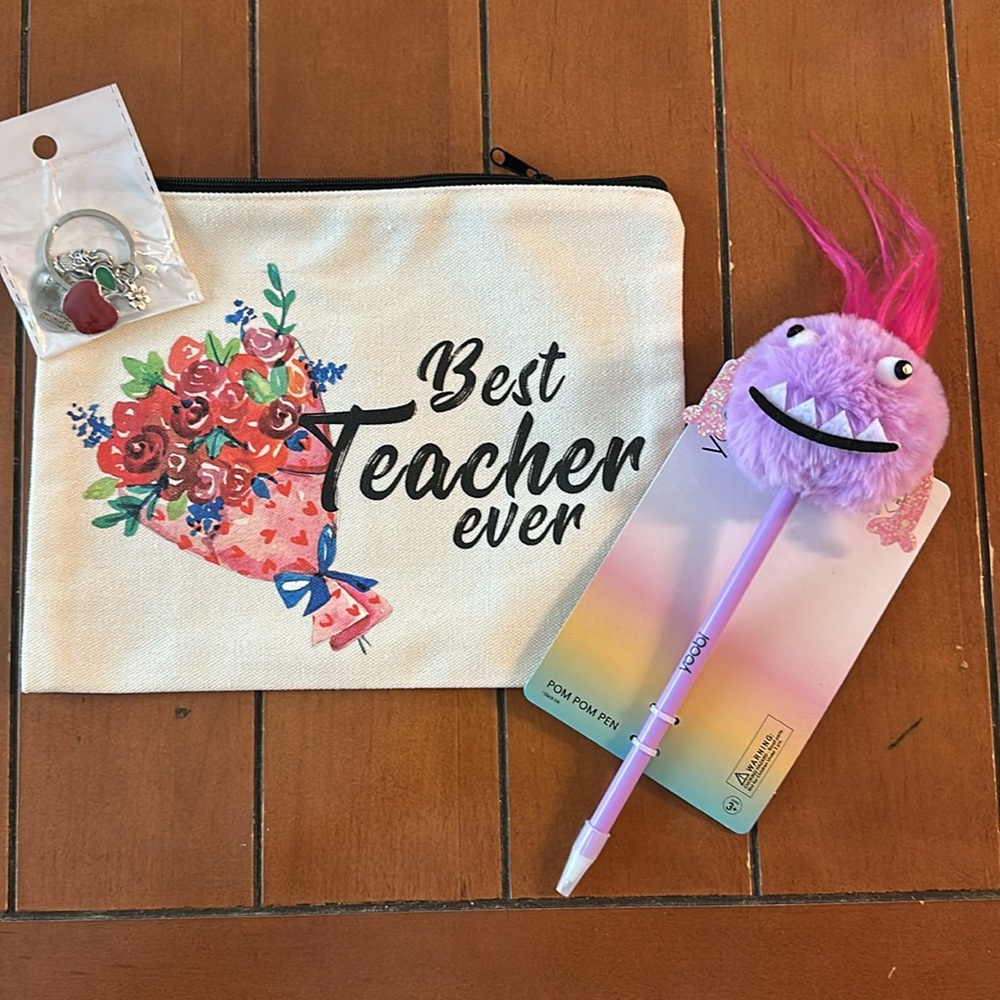 Floral Canvas Pouch with Teacher Gifts. Zipper Pouch, Pom Pom pen, key chain
